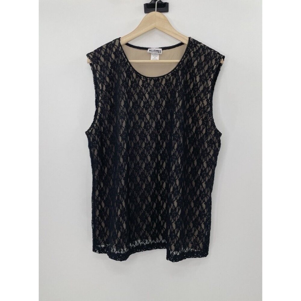 Vtg Western Connection II Plus Size Black Floral Lace Tank Top Shell 3x Runs Sma